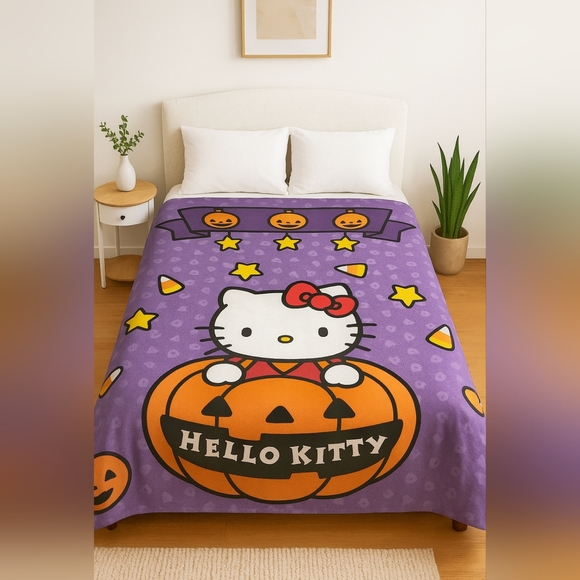 Hello Kitty HALLOWEEN pumpkin Plush Blanket 59"x 79" Orange & Purple - Picture 1 of 7